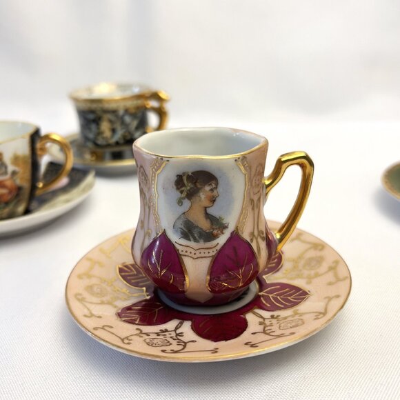 Japanese Vintage Set of 4 Hand Painted Demitasse Porcelain Teacups Saucers #6912 - Picture 5 of 15